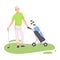 Young Man with Wheeled Sports Bag with Golf Clubs, Male Golfer Player Standing on Course, Outdoor Sport or Hobby Vector