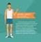 Young man in white shirt with normal body build. Comic cartoon illustration. Healthy nutrition article layout. Vector character.