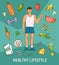 Young man in white shirt with normal body build. Comic cartoon illustration. Healthy nutrition article layout. Vector character wi