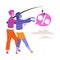 Young Man and Woman Character Sleepwalking Towards Percentage Sign Hanging on Fishing Rod Vector Illustration