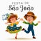 Young man and woman dancing salsa on festivals celebrated in Portugal Festa de Sao Joao, girl in straw hat traditional