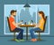 Young man and woman on a date in cafe with smartphones