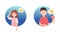 Young Man and Woman Disappointed and Piquant smiling Licking Ice Cream Depicting Emoticon in Blue Circle Vector Set