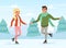 Young Man and Woman Ice Skating on Rink with Background Scene Vector Illustration