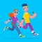 Young man and woman jogging. Young man and woman running it with music earphones and smart phone.Fitness run flat vector illustrat