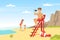 Young Man and Woman Lifeguard on Ladder with Binoculars Supervising Safety Vector Illustration