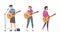 Young Man and Woman Musician Guitarist Character Playing Guitar Performing Street Concert Vector Set