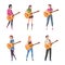 Young Man and Woman Musician Guitarist Character Playing Guitar Performing Street Concert Vector Set