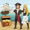 Young man and woman in pirate costume holding sword standing near open treasure chest on beach in front of pirate ship