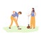 A young man and woman plant a tree. Gardening, garden tools, spring. Couple planting a seedling. Flat cartoon vector