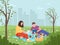 Young man and woman are resting in nature. Rest and work at a picnic. Reading a book at a picnic. Cartoon vector