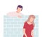 Young Man and Woman Separating Brick Wall, People Trying to Save Love and Friendship Flat Vector Illustration