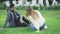 Young man and woman sit on grass in park and laugh. Media. Beautiful couple relax and laugh sitting on green grass