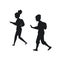 Young man and woman with smartphones walking silhouette