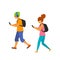 Young man and woman walking with smartphones texting on the way