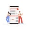 Young man and woman watching breaking news on the phone screen. Flat style vector illustration. Internet media concept