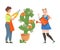 Young Man and Woman Watering and Caring About Money Tree Vector Illustration