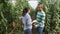 Young man and woman workers talking near wooden pallets outdoors