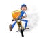 Young man working the fast delivery. Riding on yellow motorbike for carries rush order. Fast delivery concept. Front