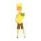 Young man in a yellow shirt standing and reading a book. Colorful cartoon character