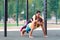 Young man in the yoga plank position