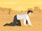 Young manager or businessman crawling through desert. Tired, exhausted and sweaty male character.
