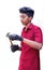 Young mechanics hand holding cutter with hammer, isolated in white background