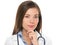 Young medical doctor woman smiling thoughtful