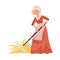 Young Medieval Female Peasant Carrying Hay with Rake Vector Illustration