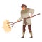 Young Medieval Male Peasant Carrying Hay with Rake Vector Illustration