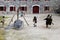 Young men dressed as soldiers, preparing canon demonstration, Fort Ticonderoga, New York, 2016