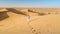 Young men walking in the desert of Dubai, Sand dunes of Dubai United Arab Emirates