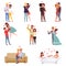 Young men and women characters embracing, dancing and kissing set, happy romantic loving couples cartoon vector