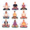 Young men and women meditating on nature set. Meditation practice, harmony, healthy lifestyle cartoon vector