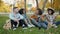 Young men and women playing the guitar singing enjoying autumn day in park