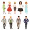 Young men and women wearing vintage clothing set, retro fashion people from 50s and 60s vector Illustrations