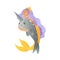A young mermaid, a girl with purple hair, a crown sits astride a cute narwhal in a cartoon style.