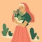 Young Mexican woman with a basket of plants on a background of cacti. Vector.