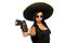 Young mexican woman with gun on white