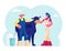 Young Milkmaid Woman and Man Farmer in Uniform Stand near Cow with Bottle and Bucket. Milk and Dairy Agriculture