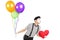 Young mime artist with balloons and red heart giving kisses