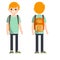 Young modern man in green clothes with a backpack. View of the cute happy guy from the back and front