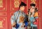 Young Mongolian couple in an old Mongolian costume.