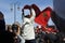 A young Moroccan man holding the flag of Morocco