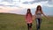 A young mother and daughter are walking in the field and smiling cheerfully. Mother hugs the baby outdoors.