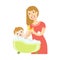 Young Mother Giving A Bath To Baby Son, Illustration From Happy Loving Families Series