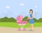 Young Mother with Her Baby in Stroller Walking Outdoor, Woman Pushing Pram with Newborn Baby on Summer Landscape Vector