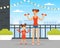 Young Mother and Her Daughter Doing Physical Exercise Lifting Dumbbells Vector Illustration