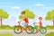 Young Mother and Her Son Riding Bicycle Along Roadway Vector Illustration