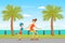 Young Mother and Her Son Roller Skating Along Beach Roadway Vector Illustration